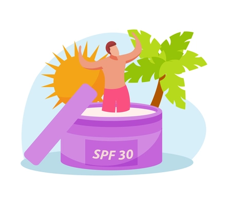 Flat icon with sun tropical tree and character in jar of sunscreen vector illustration
