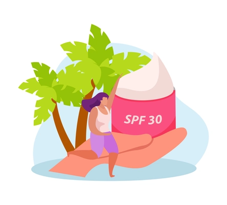 Sun protection icon with human hand holding jar of spf 30 sunscreen flat vector illustration