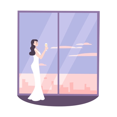 Woman in gown with glass of champagne looking through big panoramic window flat vector illustration