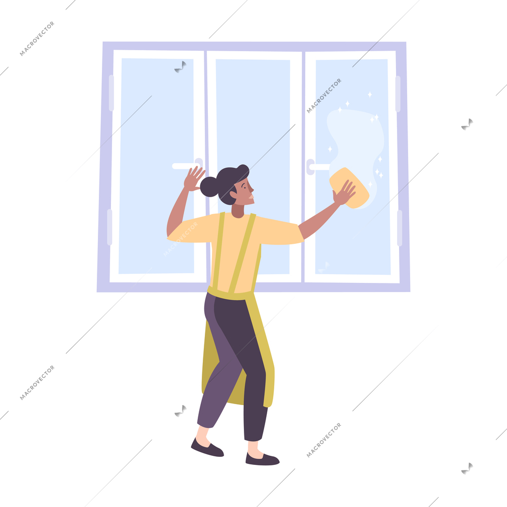 Woman in apron washing plastic window with sponge flat icon vector illustration