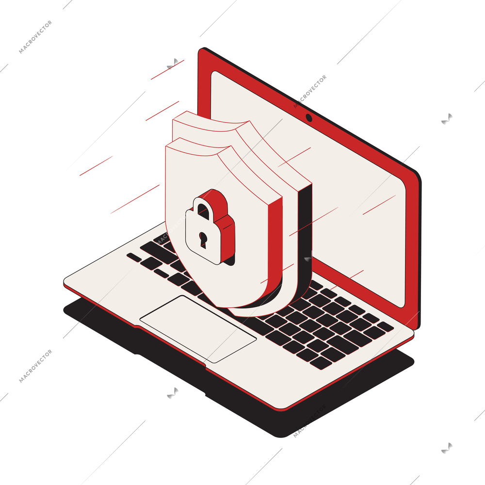 Isometric cyber security icon with laptop lock and shield vector illustration