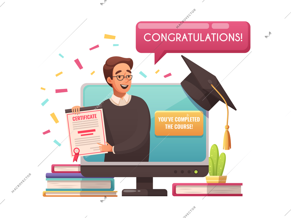 Cartoon composition with laptop and happy student holding certificate after completing online course vector illustration