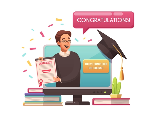 Cartoon composition with laptop and happy student holding certificate after completing online course vector illustration