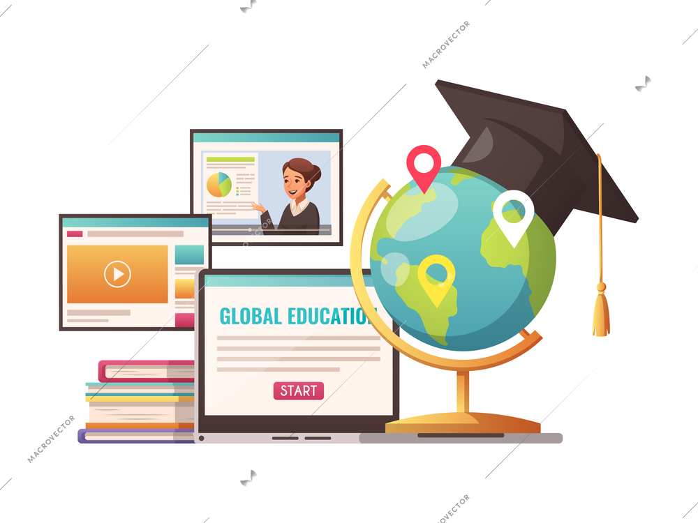 Global online education cartoon composition with laptop globe and books on white background vector illustration