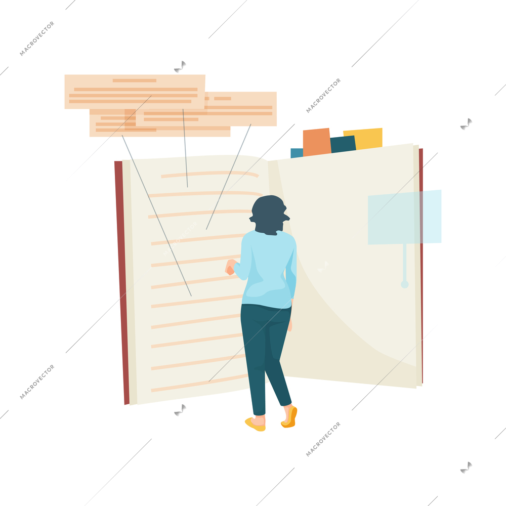 Flat icon with back view of student character and open book vector illustration