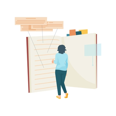 Flat icon with back view of student character and open book vector illustration