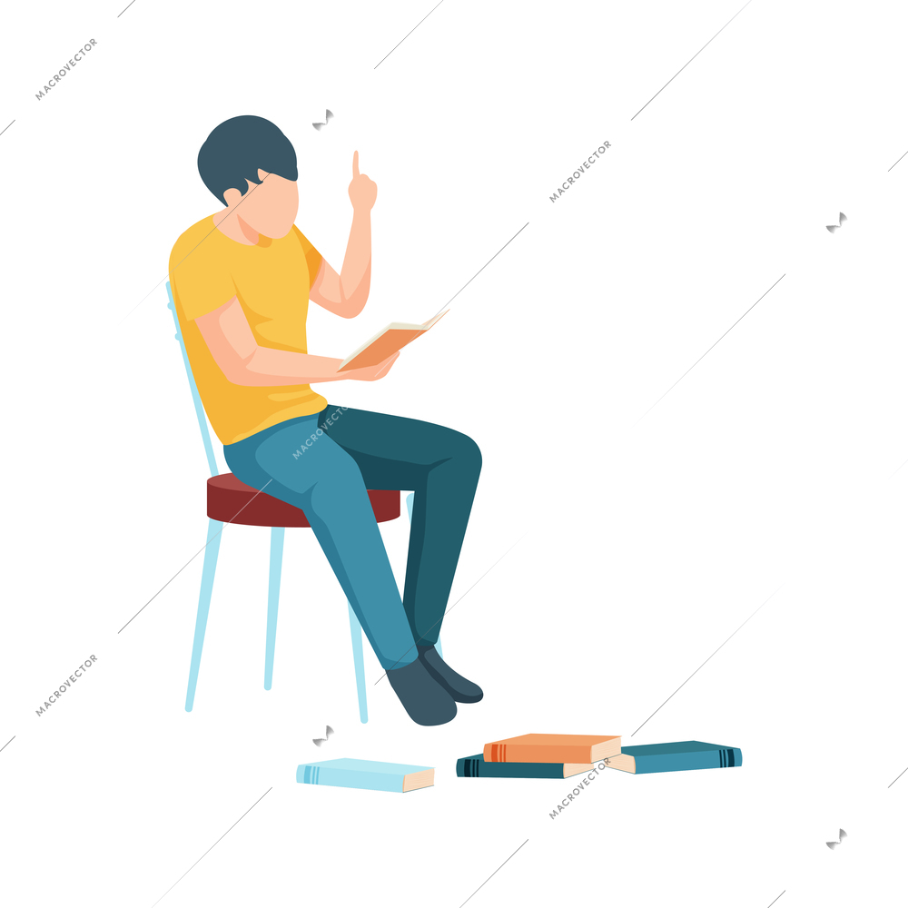 Boy student sitting on chair and reading textbooks flat vector illustration