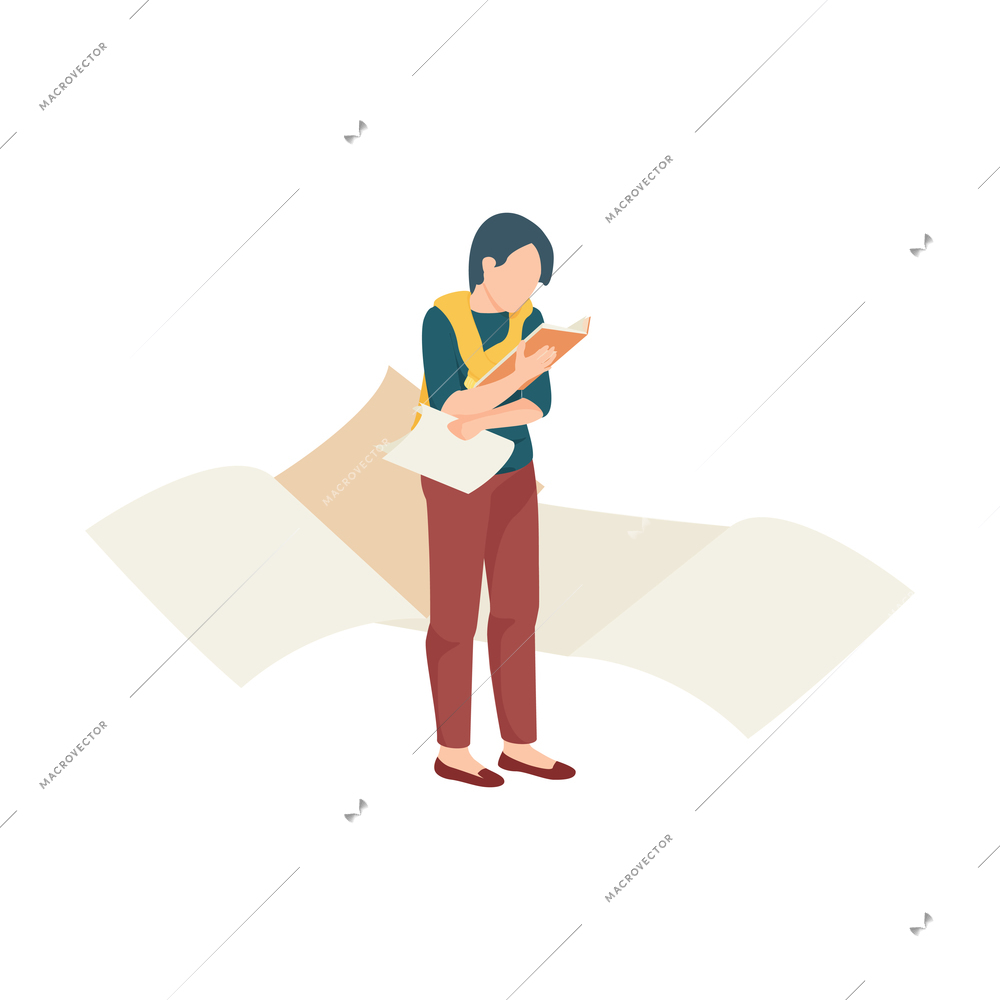 Student with papers in hand reading book flat icon vector illustration