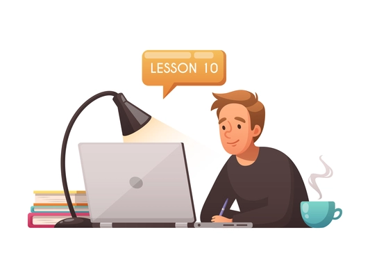 Cartoon distance education icon with boy taking online lessons using laptop vector illustration