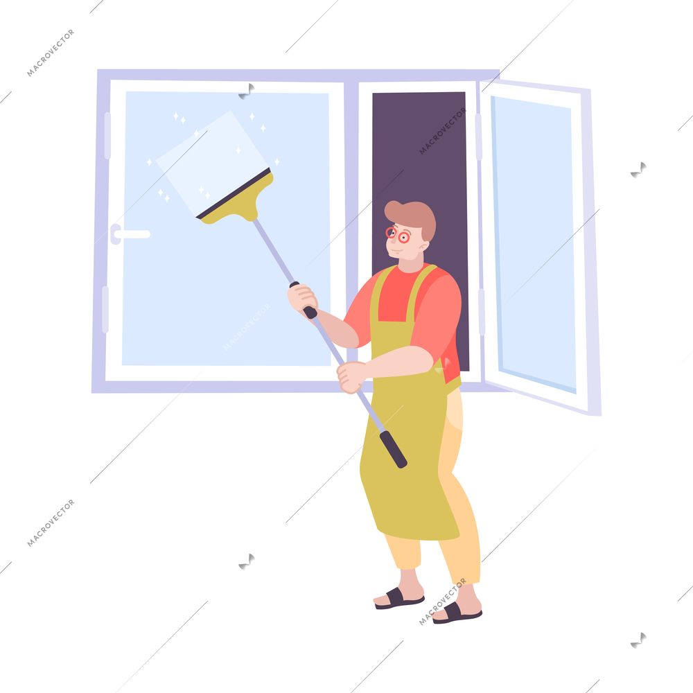 Flat icon with character cleaning plastic window vector illustration