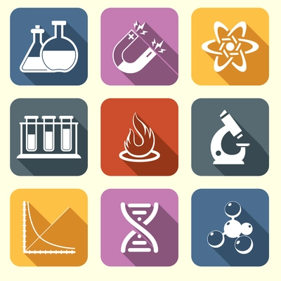 Physics science laboratory equipment scientific flat education icons set isolated vector illustration