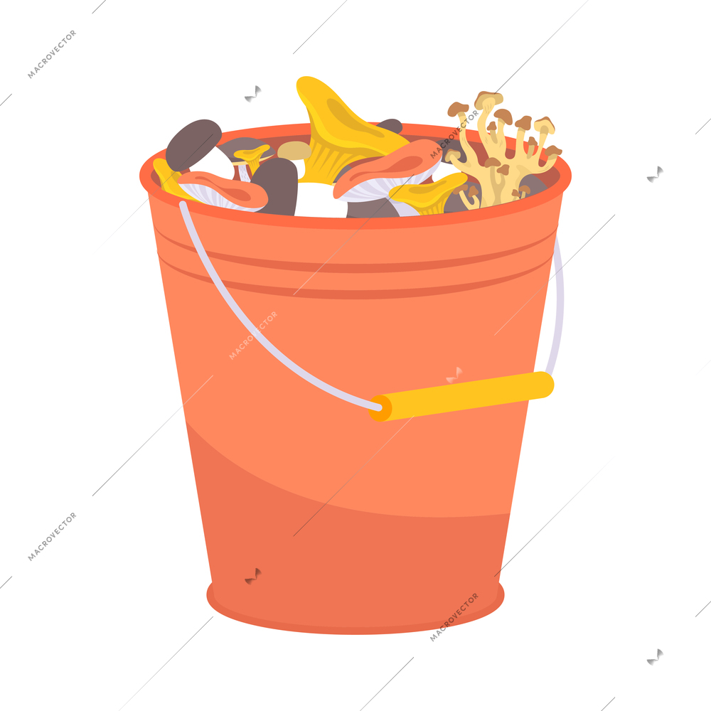 Bucket with gathered assorted mushrooms flat icon vector illustration