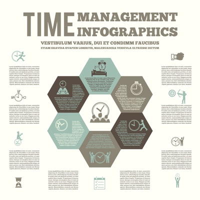 Time management infografic layout poster with team work strategy list to-do planning and alarm clock vector illustration