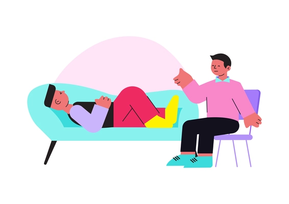 Psychological support session flat icon with specialist and patient lying on sofa vector illustration