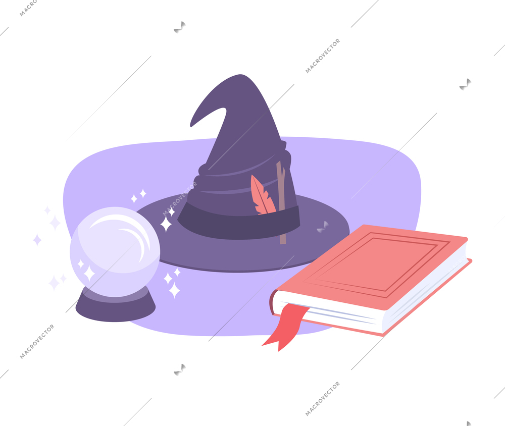 Mystic objects composition with flat cone hat crystal ball and book vector illustration