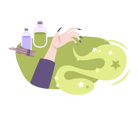 Witchcraft flat composition with witch hand potion flasks vector illustration