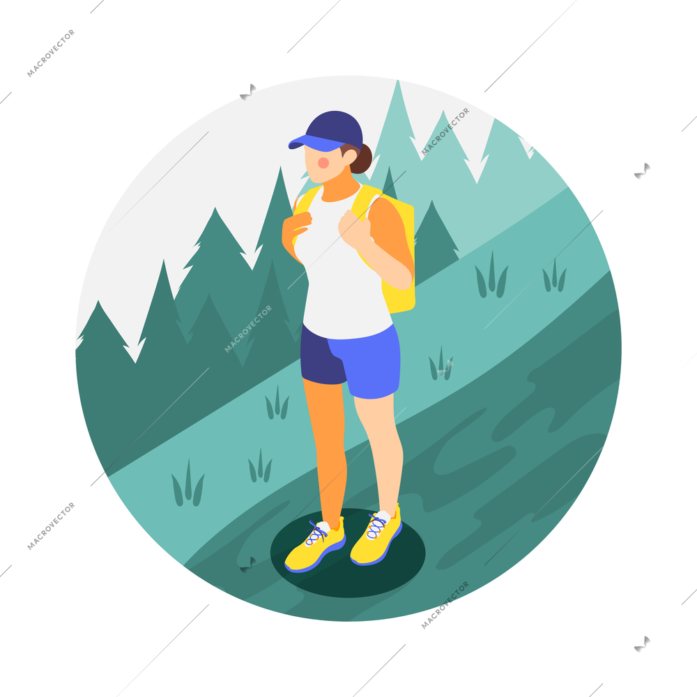 Woman character with backpack hiking in summer 3d isometric vector illustration
