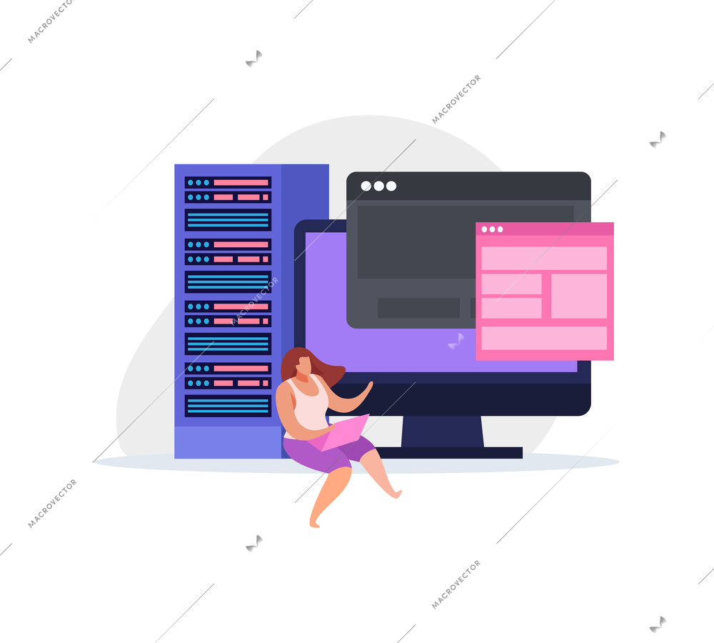 Flat icon with server computer monitor and woman system administrator working on laptop vector illustration