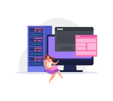 Flat icon with server computer monitor and woman system administrator working on laptop vector illustration