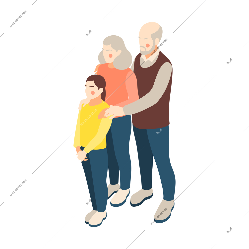 Isometric icon with characters of grandparents and granddaughter on white background 3d vector illustration