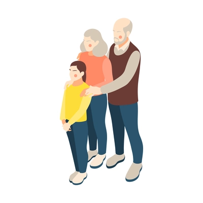 Isometric icon with characters of grandparents and granddaughter on white background 3d vector illustration