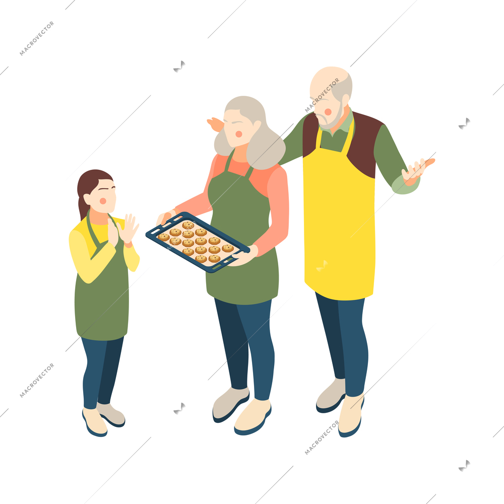 Grandparents holding tray with fresh homemade cookies for granddaughter isometric vector illustration