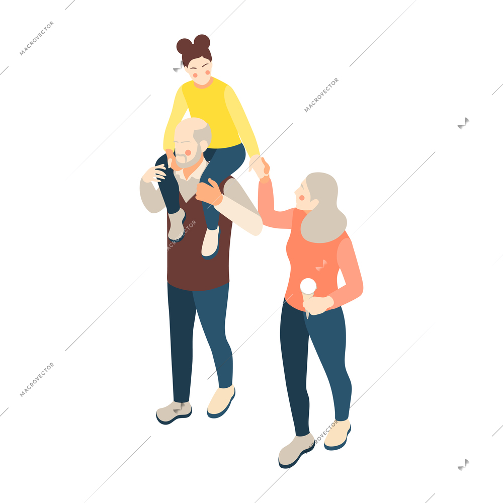 Family icon with grandpa walking with grandma and carrying girl on his shoulders 3d isometric vector illustration