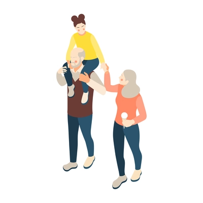 Family icon with grandpa walking with grandma and carrying girl on his shoulders 3d isometric vector illustration