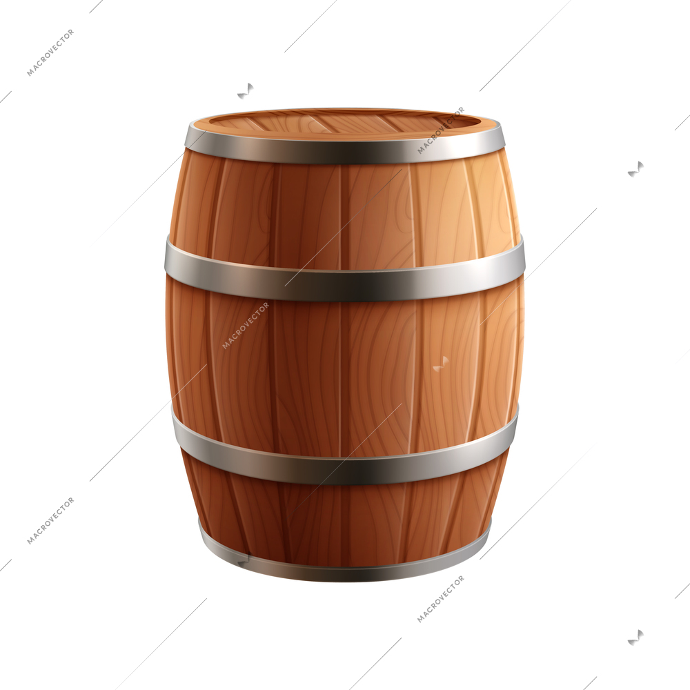 Wooden oak wine or beer barrel on white background realistic vector illustration