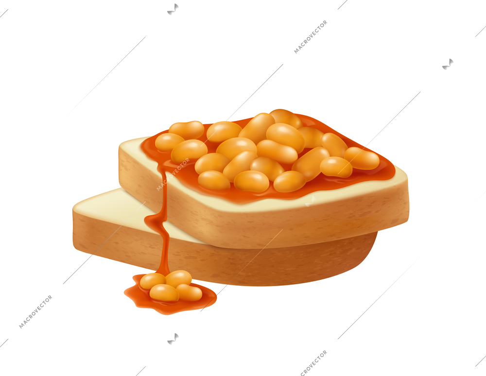 Two realistic toasts of wheat bread with baked beans in tomato sauce vector illustration