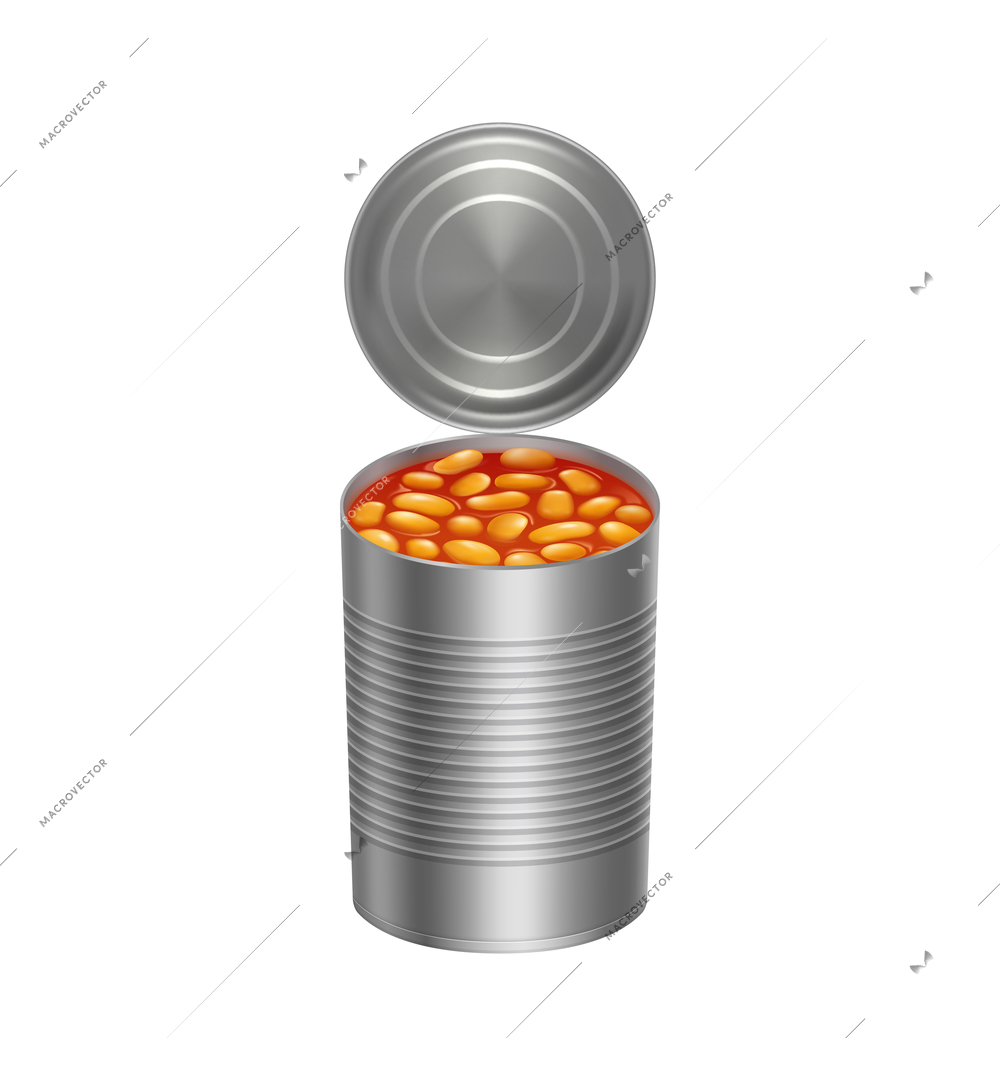 Opened metal can with baked beans in tomato sauce realistic icon on white background vector illustration