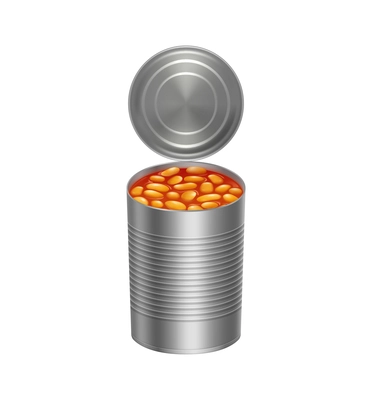 Opened metal can with baked beans in tomato sauce realistic icon on white background vector illustration