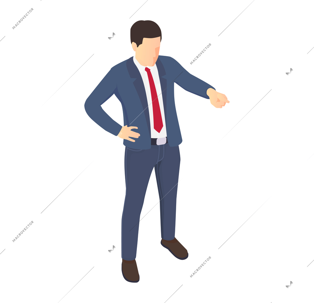 Isometric icon with boss character showing somebody door pointing with his finger 3d vector illustration