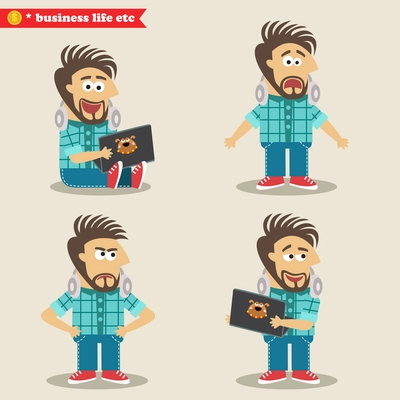 Business life. Young IT geek emotions in poses, standing set vector illustration