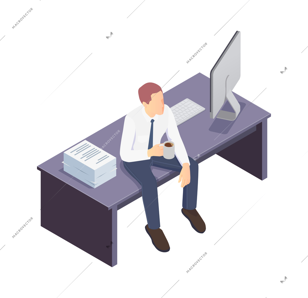 Isometric icon with bored officer worker sitting on his desk and drinking coffee 3d vector illustration