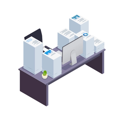 Office desk with huge piles of papers isometric icon vector illustration