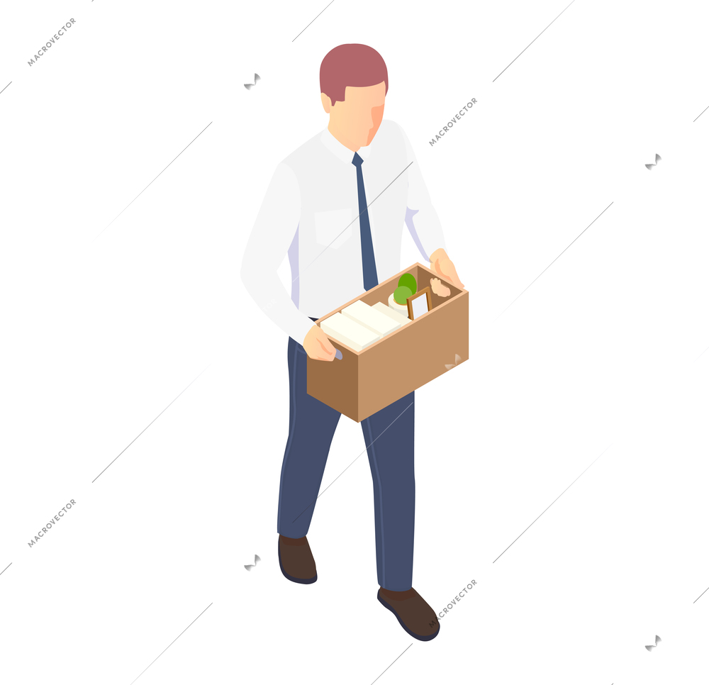 Dismissed from job man carrying box with his personal items 3d isometric vector illustration