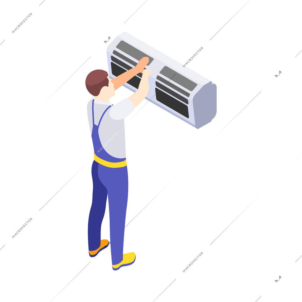 Repairman fixing broken air conditioner isometric icon vector illustration