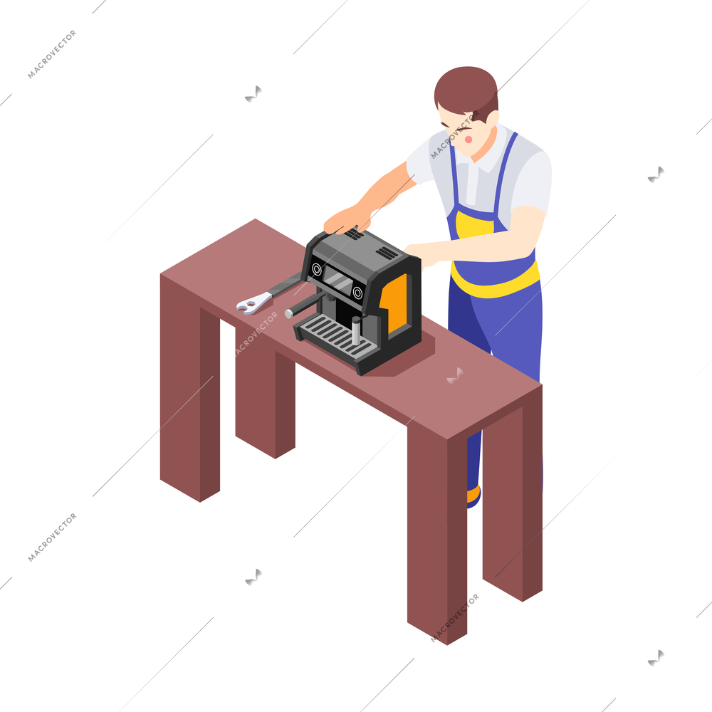 Isometric character of repairman fixing coffee machine on desk 3d vector illustration