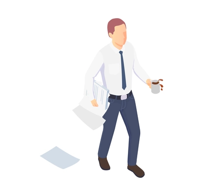 Isometric icon with office worker spilling coffee and dropping papers vector illustration