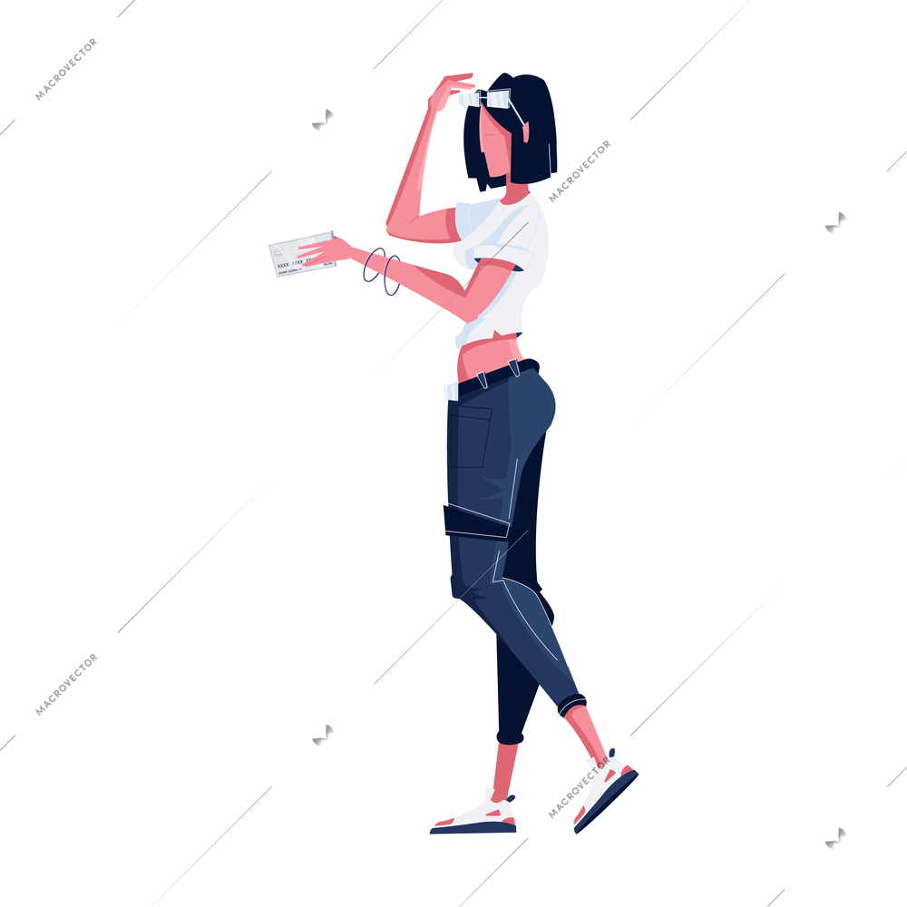 Young woman holding credit card on white background flat vector illustration