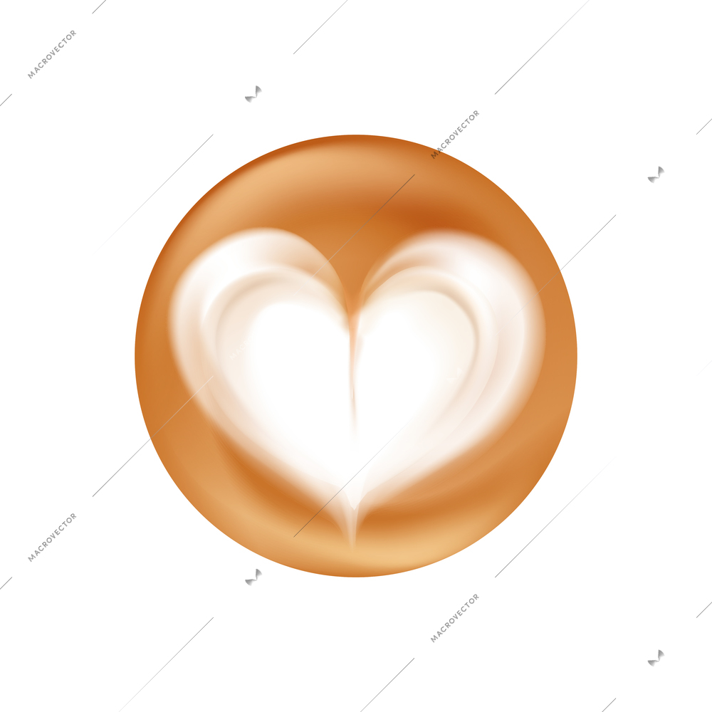 Realistic latte with heart shape on foam top view vector illustration