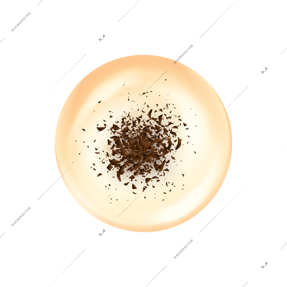 Realistic top view icon of coffee with milk and chocolate crumbs vector illustration
