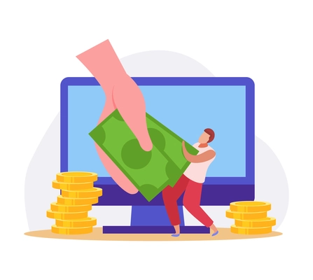 Pawnshop icon with flat computer monitor coins and character getting money vector illustration