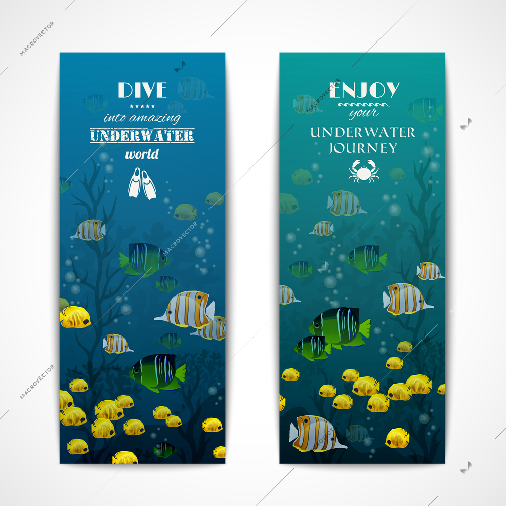 Scuba diving vertical banner set with fishes underwater isolated vector illustration