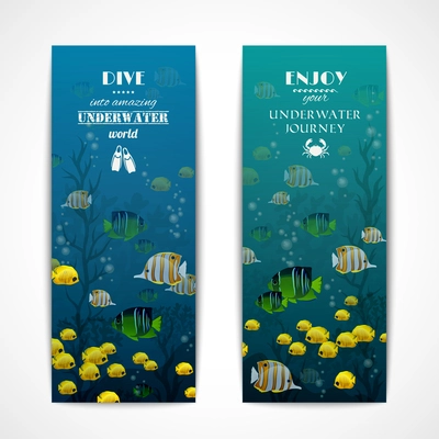 Scuba diving vertical banner set with fishes underwater isolated vector illustration