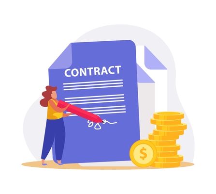 Flat icon with golden coins and character signing contract with pencil vector illustration