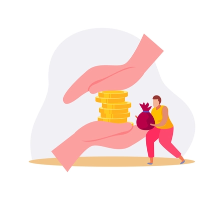 Flat icon with golden coins in human hands and character carrying bag with money vector illustration