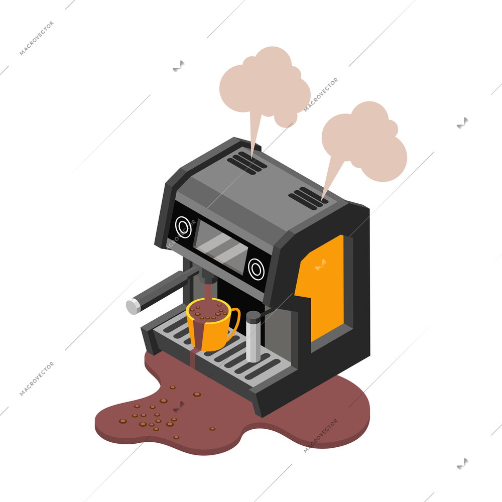 Isometric icon with broken coffee machine and spillt drink vector illustration