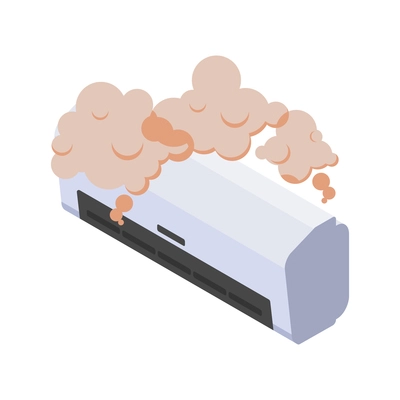 Isometric icon with broken air conditioner in smoke 3d vector illustration